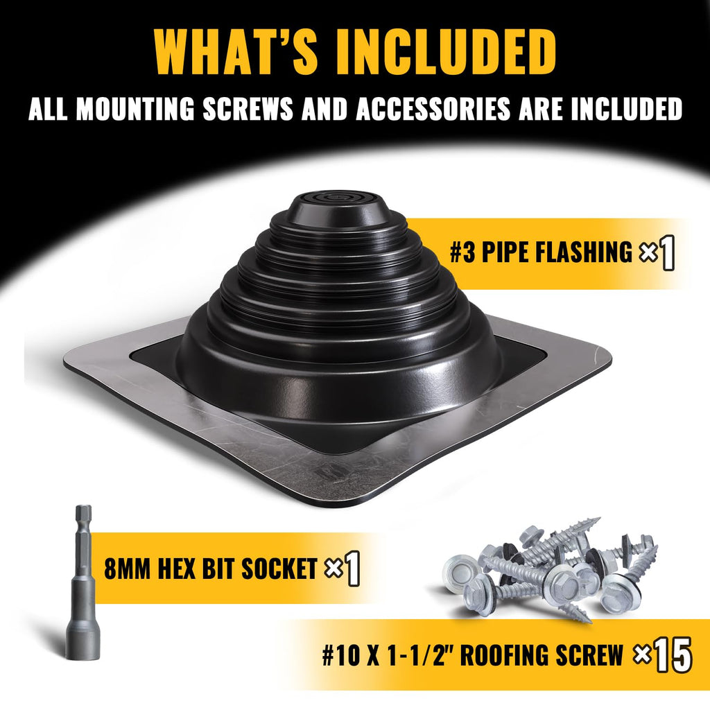 VIVIDA #1 Metal Roof Pipe Flashing, Metal Roofing Pipe Boot Kit, High Temp Silicone Vent Boot, for Tube OD 1/4" to 2", Square Base, Screws & Hex Socket Included, 1 Pack, Black