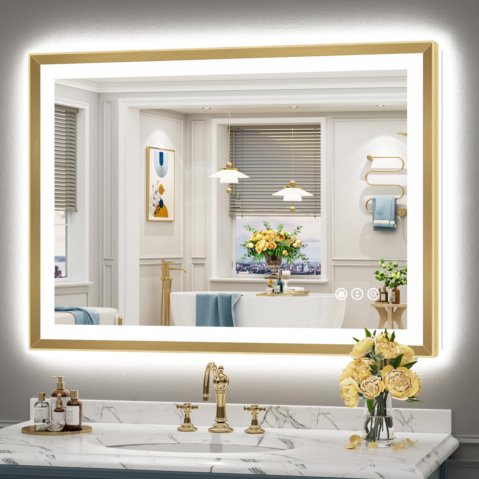 24x36 Gold Beveled LED Bathroom Mirror with Lights, Brushed Gold Framed Backlit and Front Lit Anti-Fog Lighted Vanity Mirrors for Bathroom Wall, Dimmable, 3 Colors, Memory, HD Tempered Glass