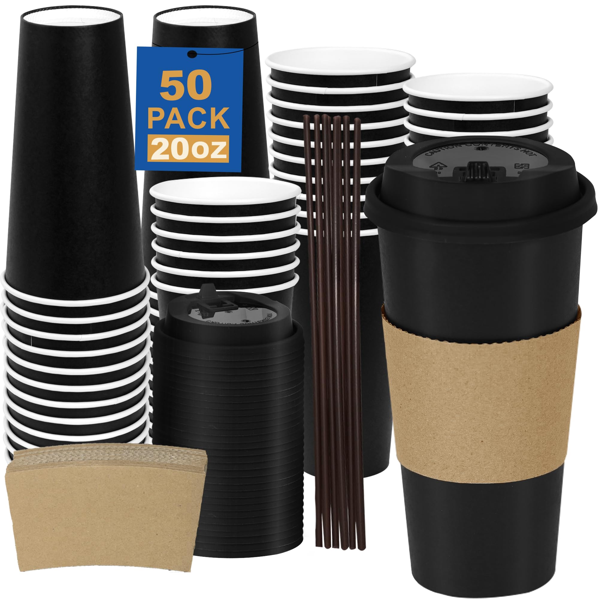 16 oz 100 Pack Corrugated Ripple Wall Disposable Coffee Cups with Lids and Straws, Heavy Duty Insulated Cups for Hot Beverage or Cold Drinks, Bulk for Restaurants, Offices, Coffee Shops(Black)
