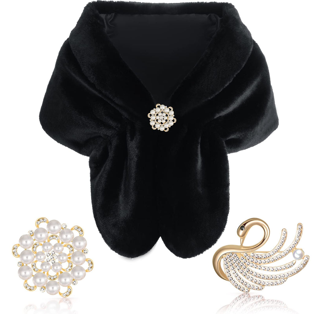 Geyoga Faux Fur Shawl Wrap Stole Shrug Winter Bridal Wedding Scarf Wrap with Faux Pearl Rhinestone Brooches for Women 1920s