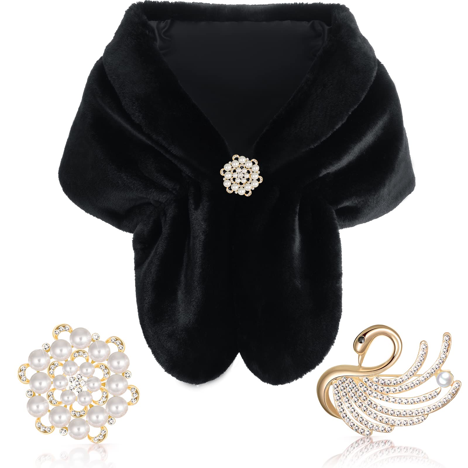 Geyoga Faux Fur Shawl Wrap Stole Shrug Winter Bridal Wedding Scarf Wrap with Faux Pearl Rhinestone Brooches for Women 1920s