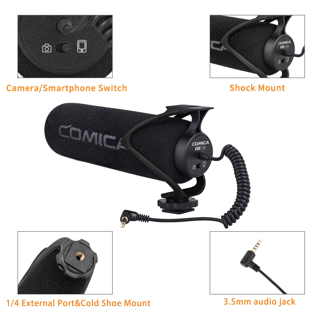 COMICA CVM-V30 LITE Video Microphone,Super-Cardioid Condenser On-Camera Shotgun Microphone for Canon Nikon Sony Panasonic DSLR Cameras,Mic for iPhone Android Smartphone with 3.5mm Jack(Black)