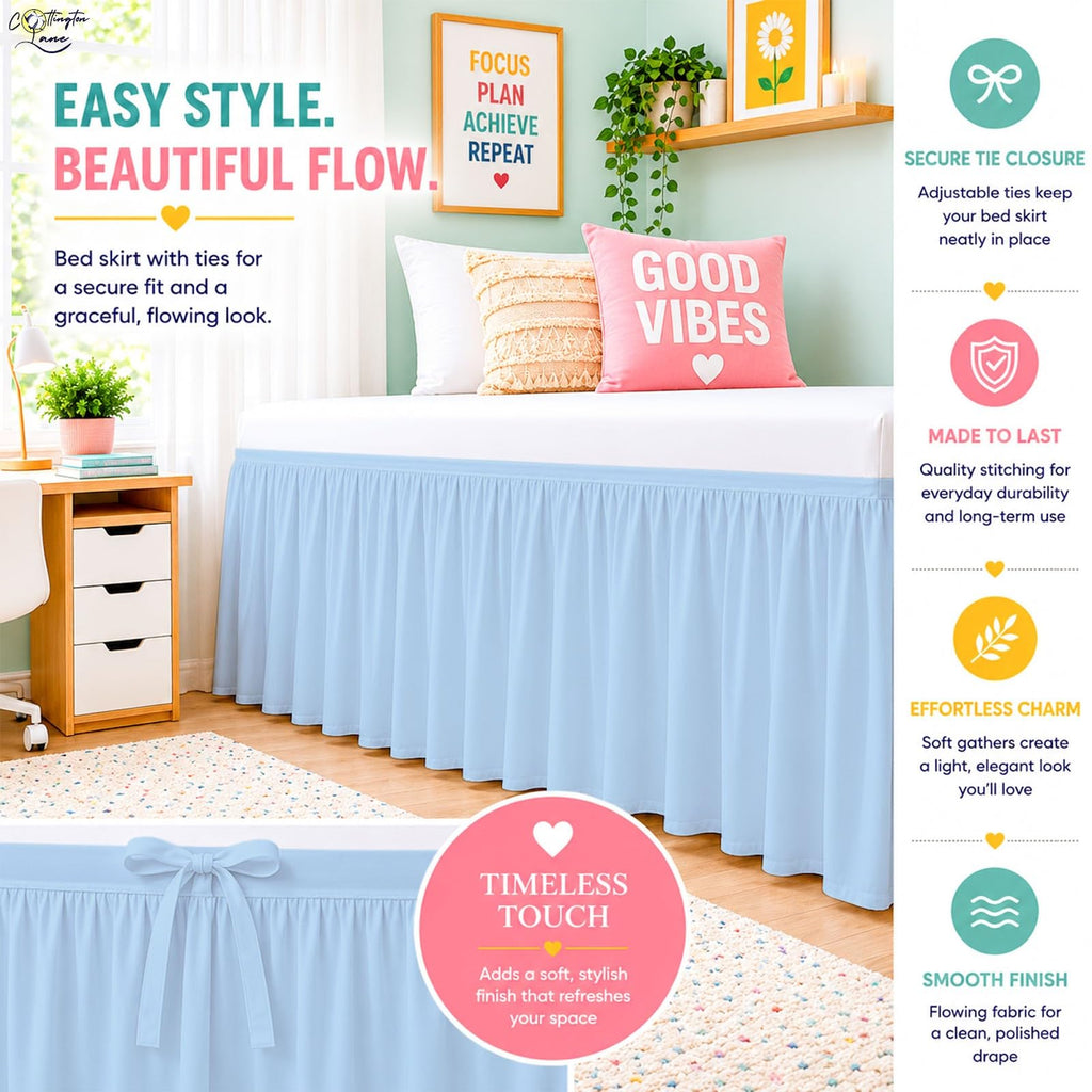 Cottington Lane Ruffled Dorm Room Bed Skirt Twin XL 25 Inch Drop, Hotel Quality Premium Brushed Microfiber Twin Extra Long College Dust Ruffle, White