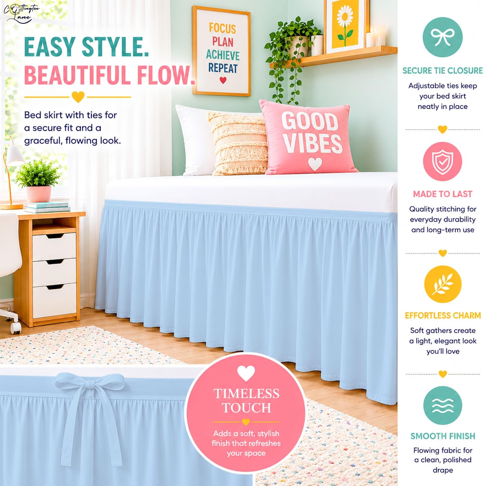 Cottington Lane Ruffled Dorm Room Bed Skirt Twin XL 25 Inch Drop, Hotel Quality Premium Brushed Microfiber Twin Extra Long College Dust Ruffle, White
