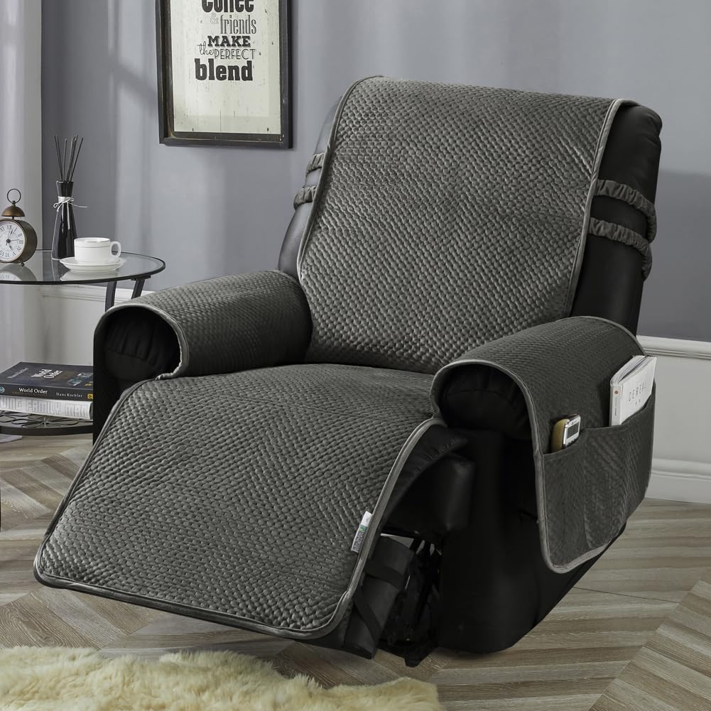 STONECREST Recliner Chair Cover, Water Resistant Velvet Quilted Slipcover, Stay in Place (Black/Grey, Recliner 23" Regular)