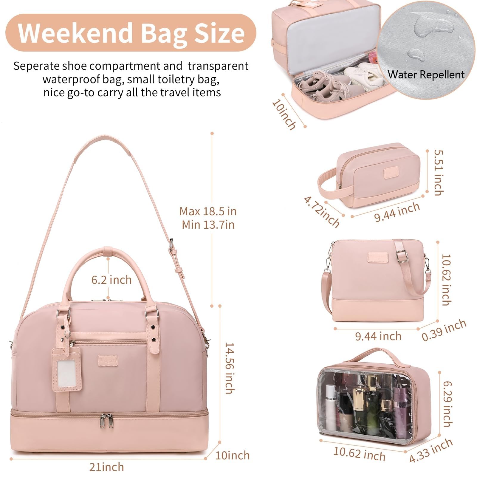 Wogarl 4PCS Weekender Bags for Women Large Overnight Weekend Travel Duffel Carry on Shoulder with Shoe Compartment Canvas Toiletry Bag for Travel Business Gym