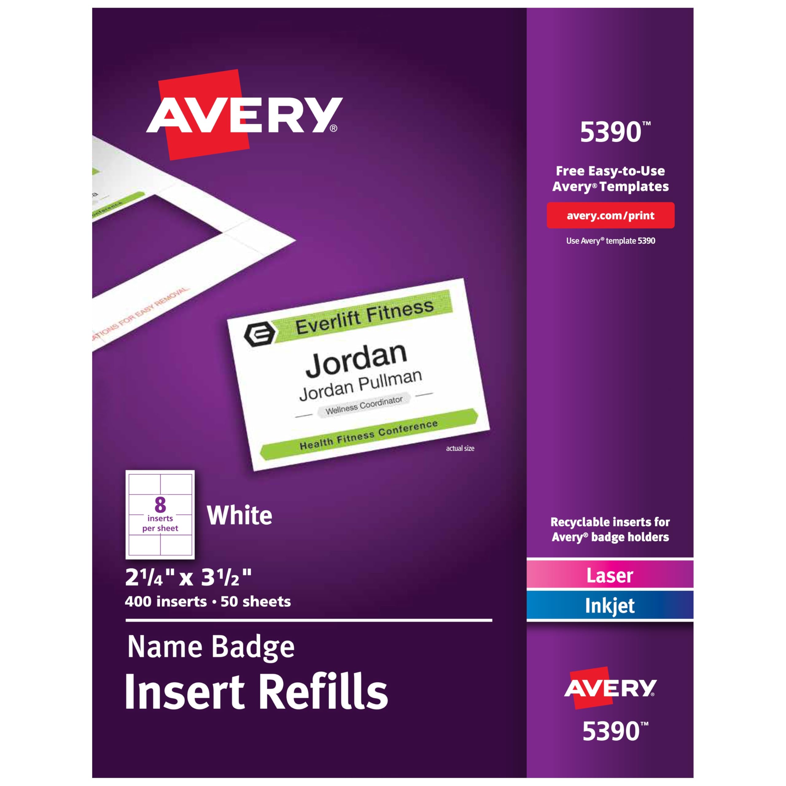 Avery Customizable Name Badge Inserts, 2.25" x 3.5", White, 400 Printable Name Tag Inserts (5390), Pack of 5