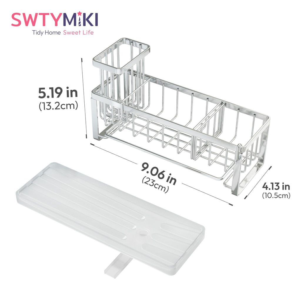 SWTYMIKI Sponge Holder for Kitchen Sink - Sink Caddy with Brush Holder Self-draining Sponge Caddy Organizer with Divider Stainless Steel Kitchen Accessories Storage for Countertop, Black