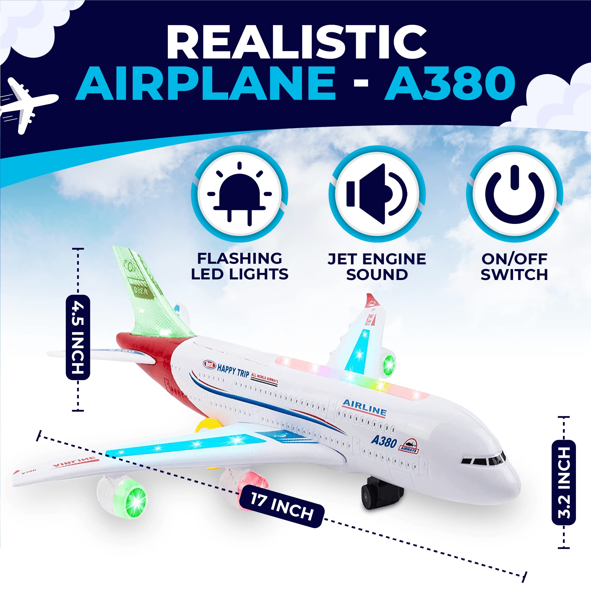 Toysery Airbus A380 Toy Airplane for Kids, Large Bump and Go Airplane Toy with LED Lights, Real Sounds & Propeller, Battery Powered Electric Plane Toy for Toddlers Boys & Girls Ages 3-12