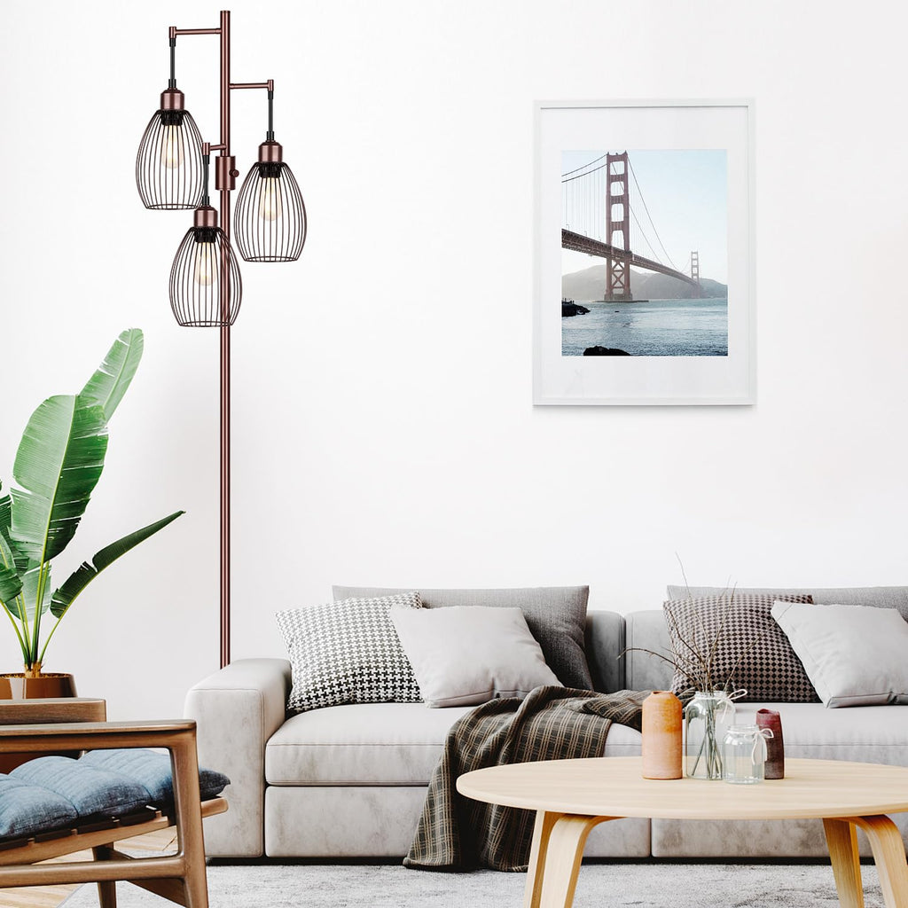 Dimmable Floor Lamp, 3 x 800LM LED Edison Bulbs Included, Farmhouse Industrial Floor Lamp Standing Tree Lamp with Elegant Teardrop Cage Tall Lamps for Living Room Bedroom Office Dining Room-Brass