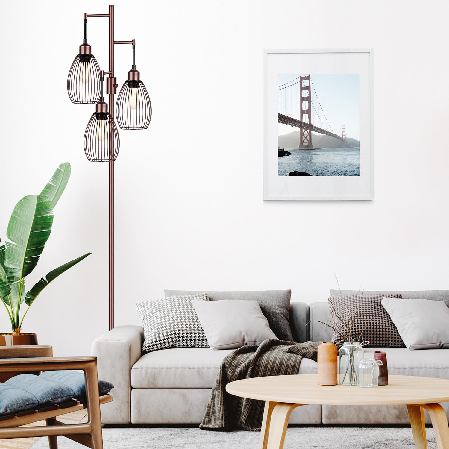 Dimmable Floor Lamp, 3 x 800LM LED Edison Bulbs Included, Farmhouse Industrial Floor Lamp Standing Tree Lamp with Elegant Teardrop Cage Tall Lamps for Living Room Bedroom Office Dining Room-Brass