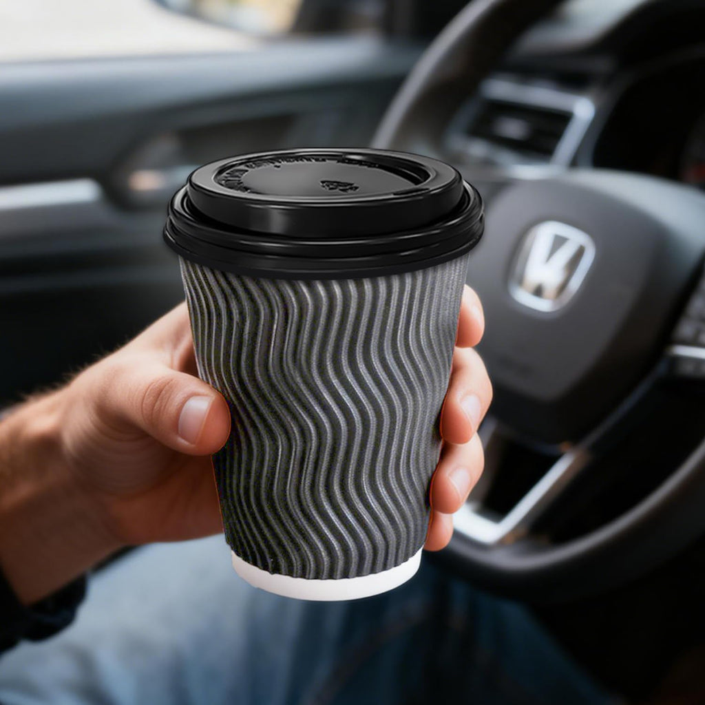 BYSNOW 100 Pack 10 oz Coffee Cups with Lids, Disposable Insulated Hot Cups To Go Paper Coffee Cups, Corrugated Ripple Wall Cup for Hot Drink, Office, Coffee Bar (Grey 10 oz)