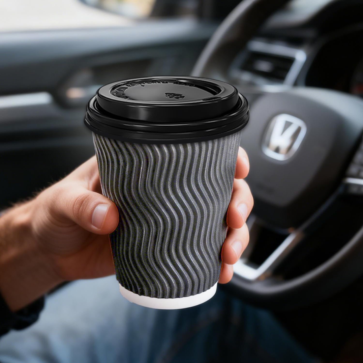 BYSNOW 100 Pack 10 oz Coffee Cups with Lids, Disposable Insulated Hot Cups To Go Paper Coffee Cups, Corrugated Ripple Wall Cup for Hot Drink, Office, Coffee Bar (Grey 10 oz)