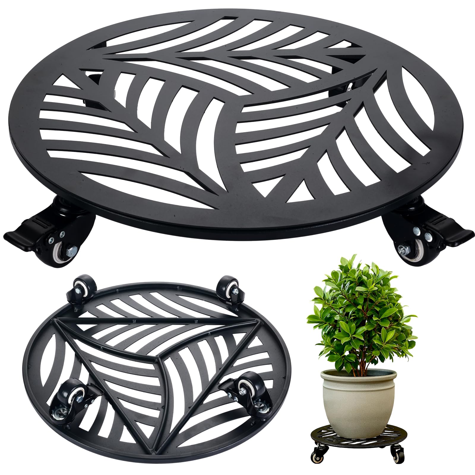 1 Pack 12 inches Large Metal Plant Caddy with 3 PU Metal Wheels Rolling Plant Stand with Casters Indoor Outdoor Wheeled Planter Roller Base Pot Movers Plant Dolly Coaster Trolley Black