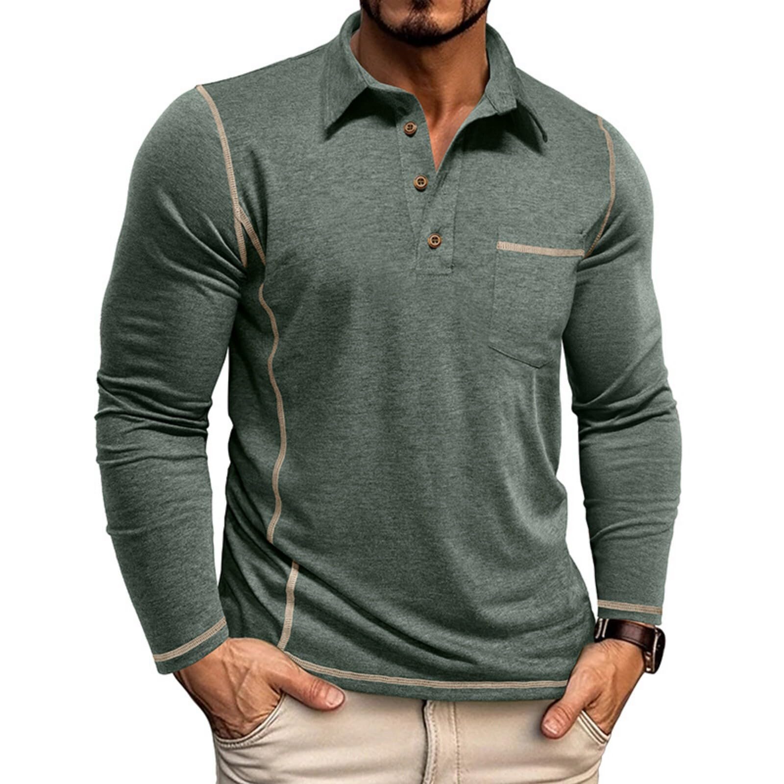 Men's Casual Long Sleeve Polo Shirts Collared Button Cotton T-Shirt Classic Stylish Golf Shirt with Pocket