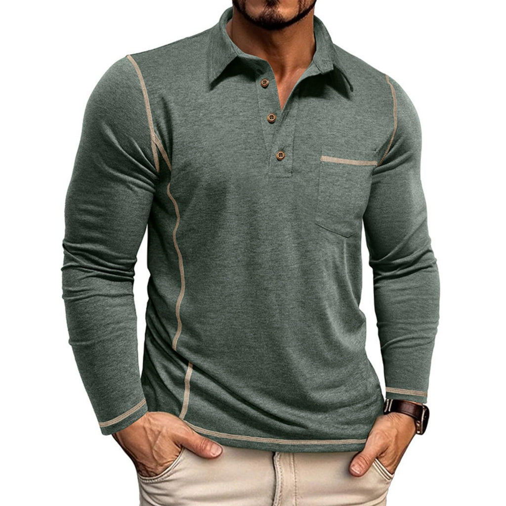 Men's Casual Long Sleeve Polo Shirts Collared Button Cotton T-Shirt Classic Stylish Golf Shirt with Pocket