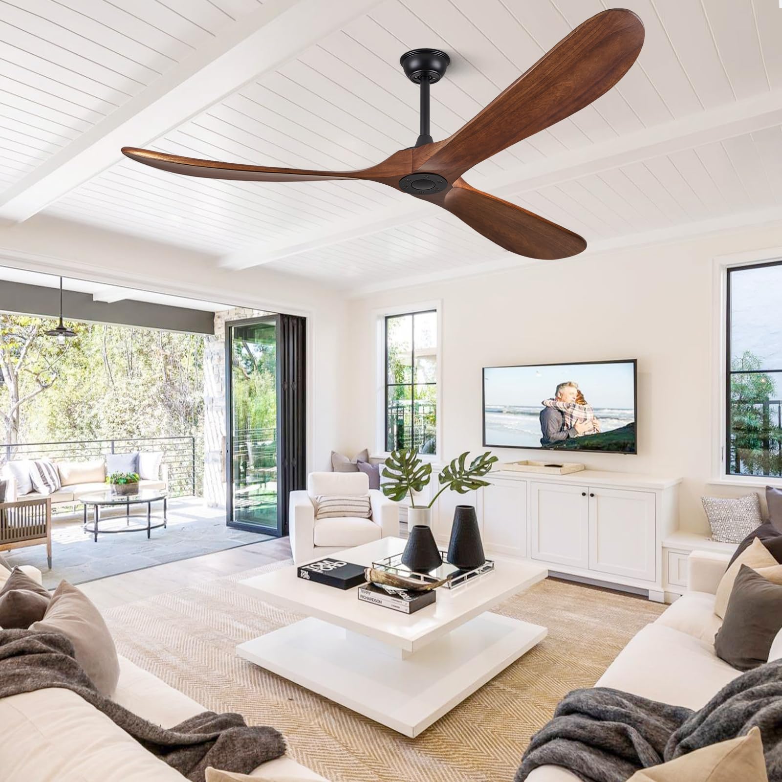 ABZ Ceiling Fans without Lights - 52 Inch Modern Ceiling Fans no Lights with Remote Control, Black 3 Blade Solid Wood Indoor Outdoor Ceiling Fans for Patios Living Room Bedroom