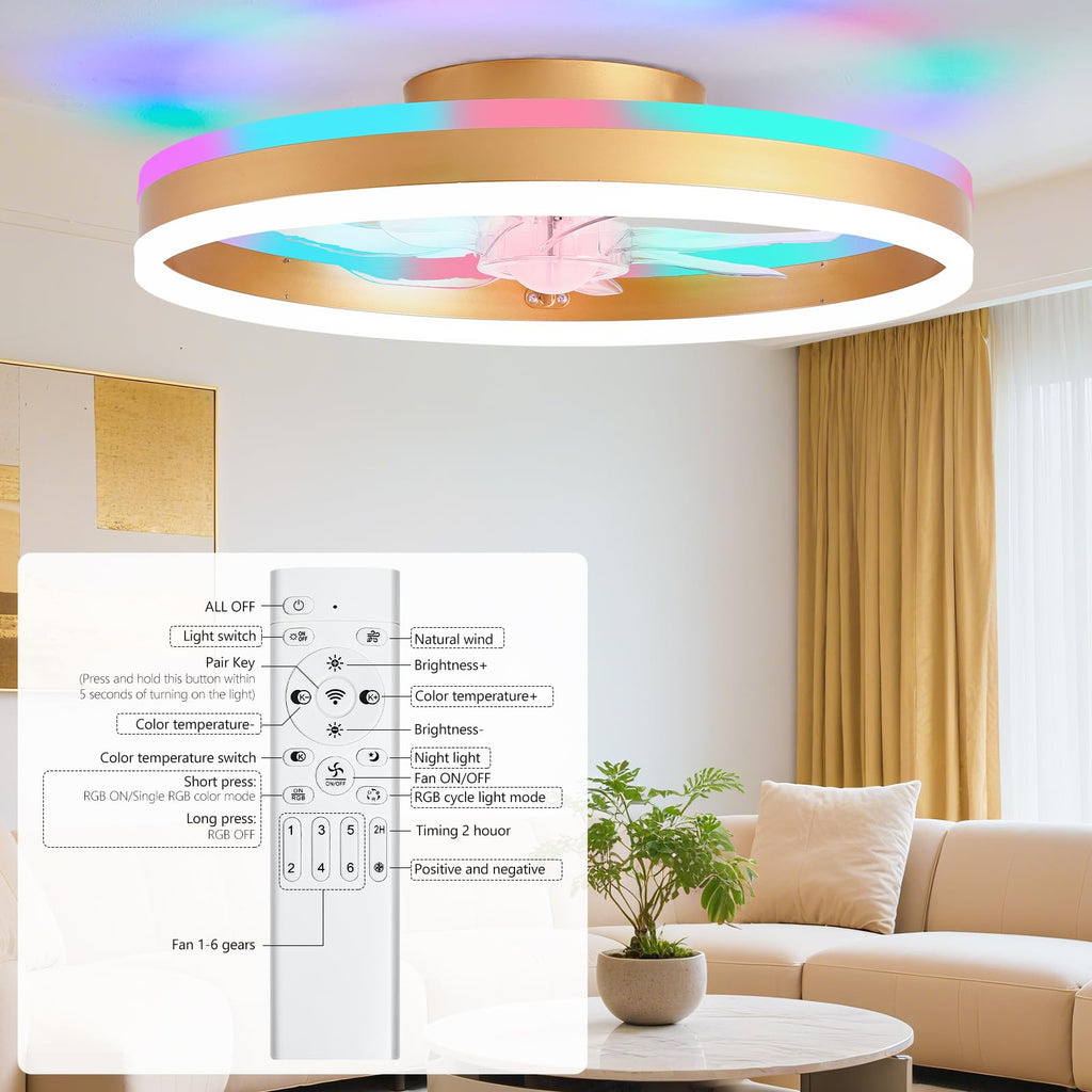 16 Inch RGB Low Profile Ceiling Fans with Lights, Modern Flush Mount Fandelier Chandelier Fixture, Remote & APP Control, Black LED Ceiling Fan Light for Bedroom, Living Room, Kitchen Indoor