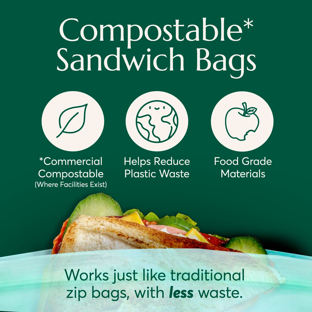 Cleanomic Compostable* Snack Size Food Storage Bags (50 Eco Zip) Freezer and Leak Proof, Also Available Gallon, Quart and Sandwich Size Bags