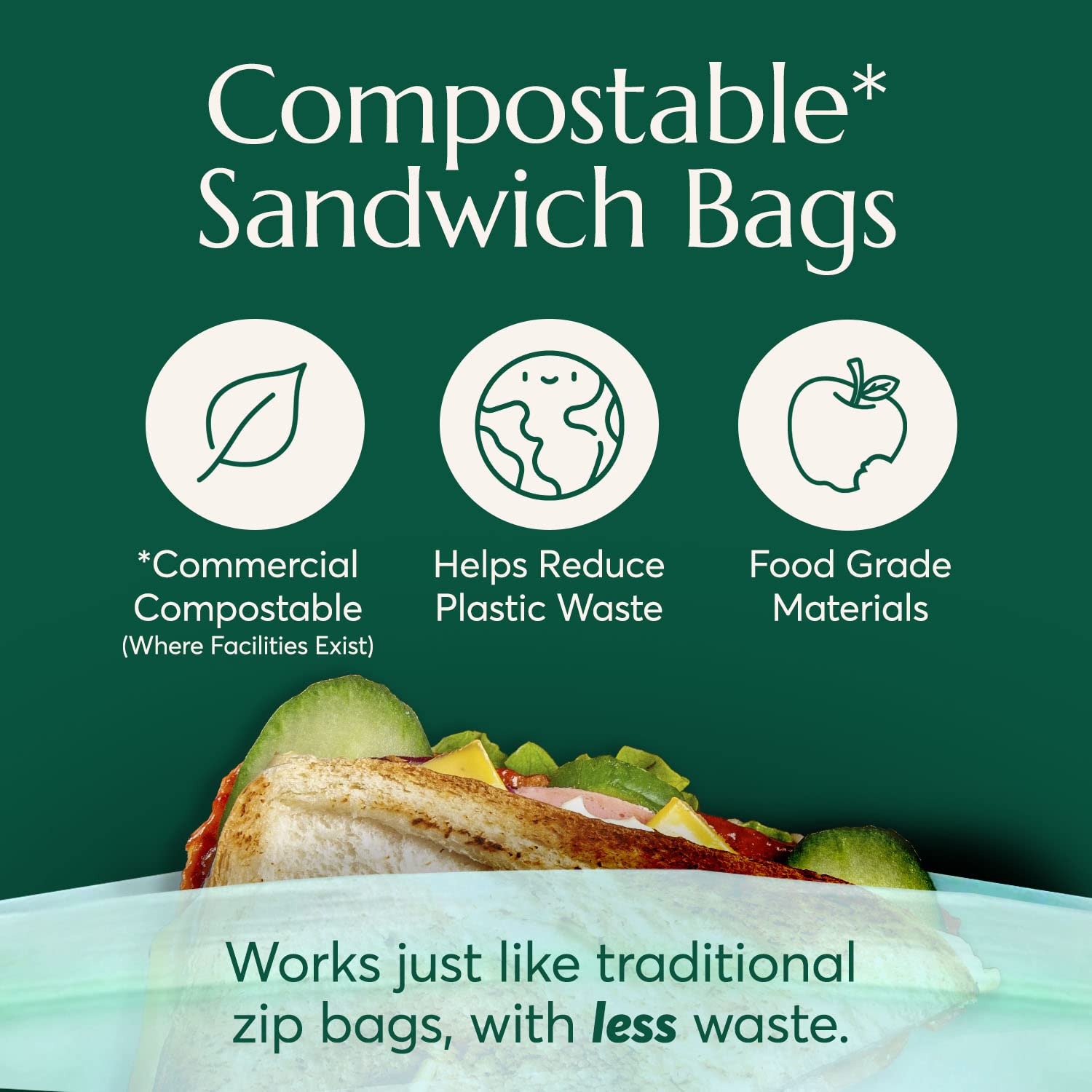 Cleanomic Compostable* Snack Size Food Storage Bags (50 Eco Zip) Freezer and Leak Proof, Also Available Gallon, Quart and Sandwich Size Bags