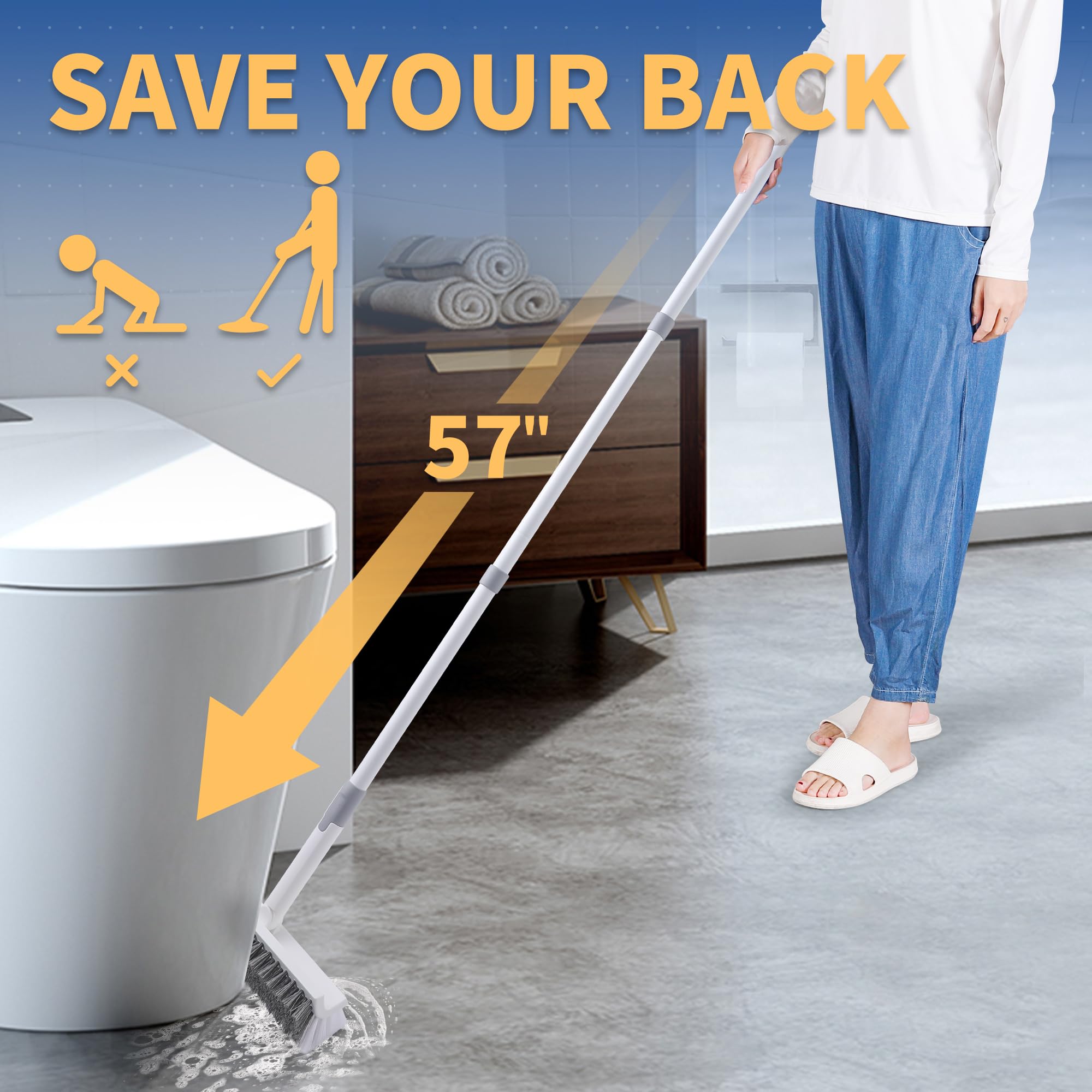 BOOMJOY Floor Scrub Brush with 57" Long Handle, 12" Wide Head, 2 in 1 Scrape and Brush, Stiff Bristle for Cleaning Bathroom, Patio, Kitchen, Tile, Wall and Deck