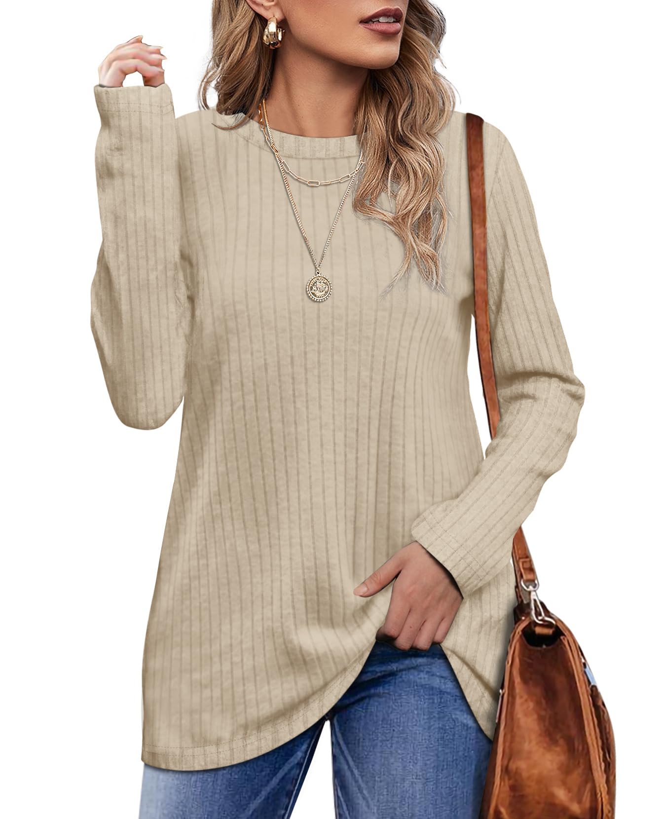 OFEEFAN Long Sleeve Shirts for Women Loose Fit Crew Neck Tunic Tops Blouse Dressy Casual Fall Winter Clothes Outfits