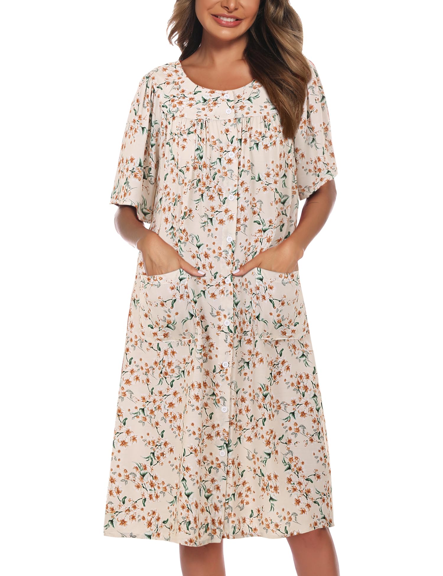 COSUNIONY House Dresses for Women Cotton Short Sleeve House Coat Buttons Down Dusters Robe with Pockets S-XXL