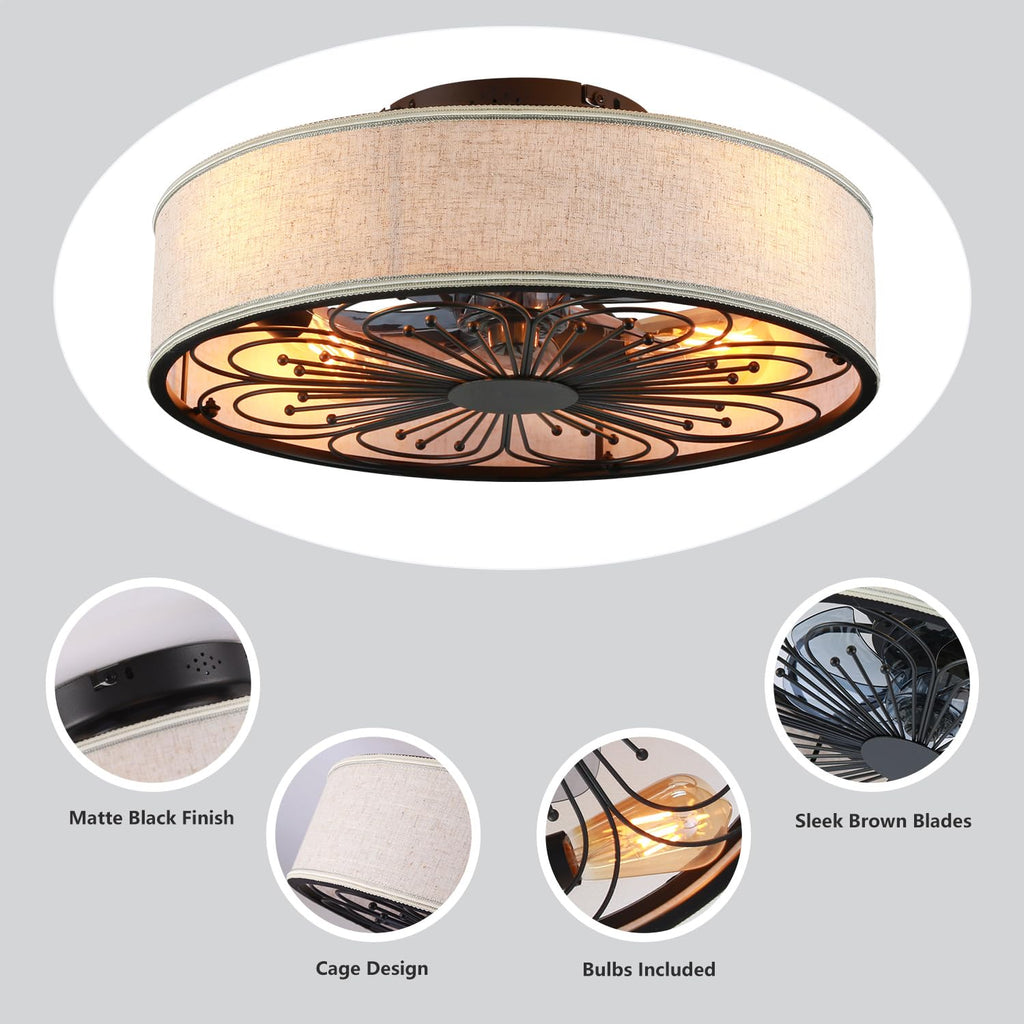 20" Boho Rattan Caged Ceiling Fan with Light,Low Profile Flush Mount Bladeless Ceiling Fan with Remote Control, 6 Speeds Reversible Silent Motor, Farmhouse Fabric Fandalier for Bedroom,Living Room