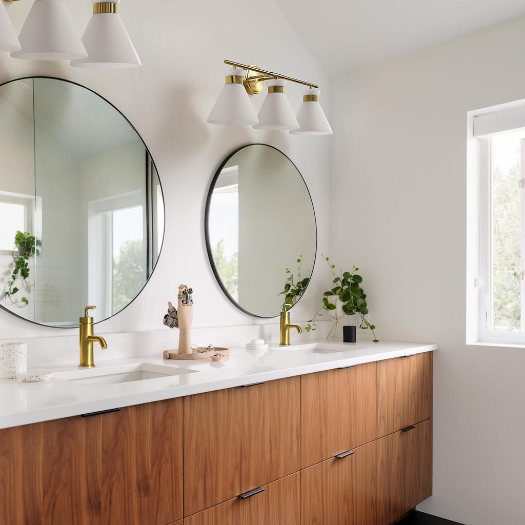 WOSHITU Gold Bathroom Light Fixtures: Modern Vanity Lighting Fixtures 2 Lights for Bathroom Mid Century Vanity Light Sconces Over Mirror with Frosted Milky Glass for Bath Bedroom Makeup