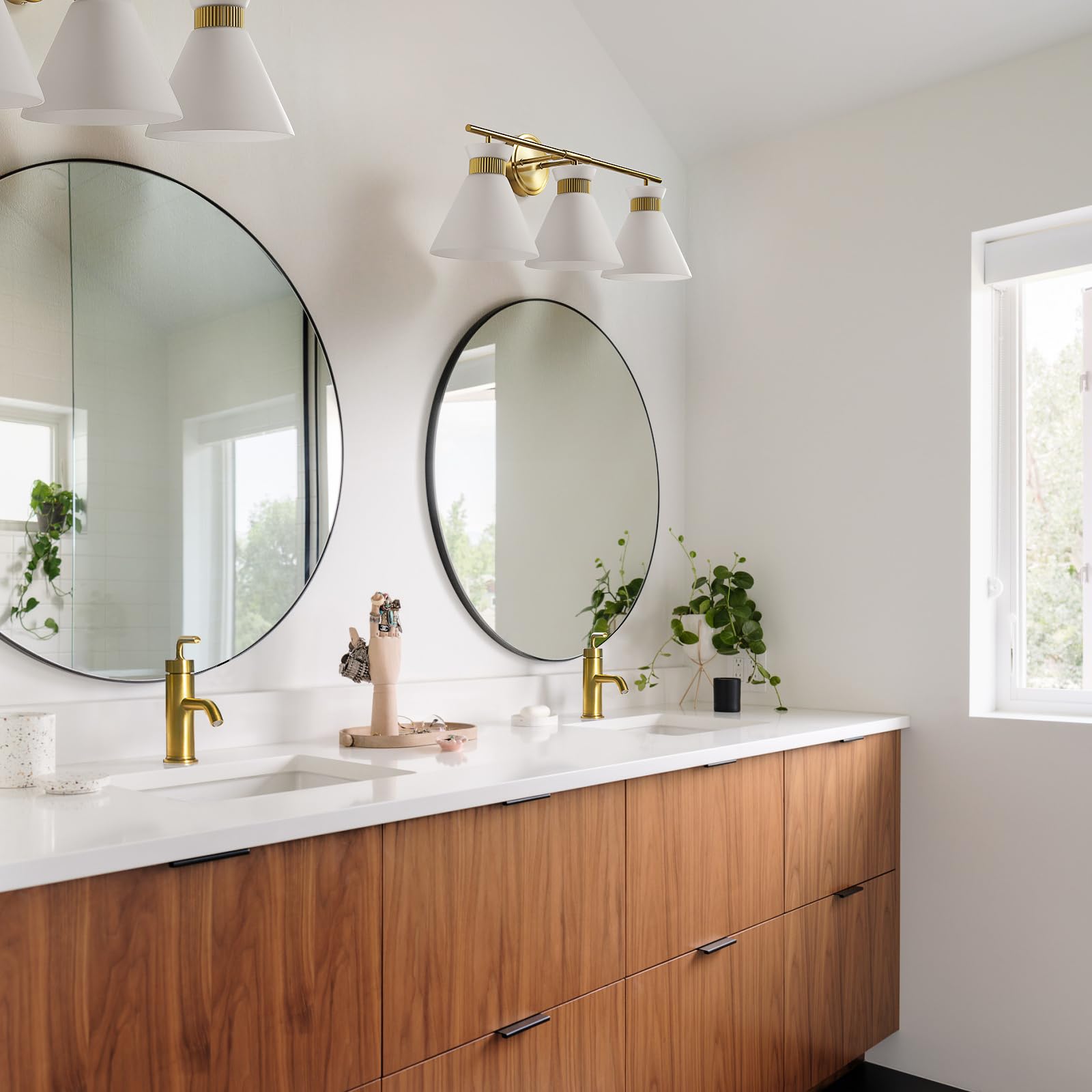 WOSHITU Gold Bathroom Light Fixtures: Modern Vanity Lighting Fixtures 2 Lights for Bathroom Mid Century Vanity Light Sconces Over Mirror with Frosted Milky Glass for Bath Bedroom Makeup