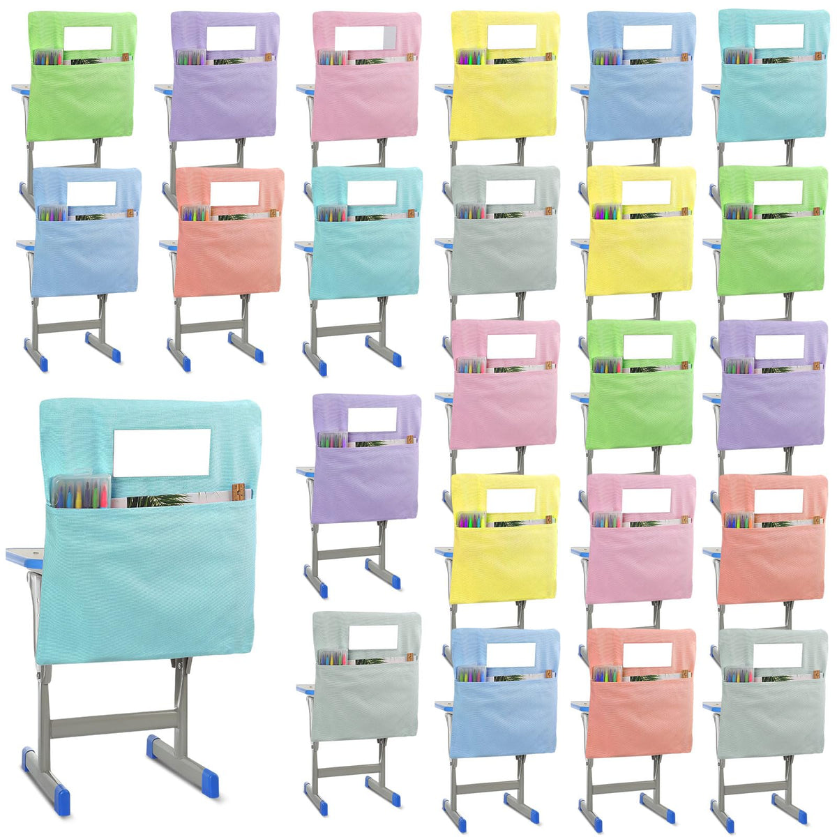 Maitys 24 Pcs Chair Pockets for Classrooms 17 x 20 Inches Student Chair Bag Chairback with Name Tag for Keeping Student Book School Table Organized