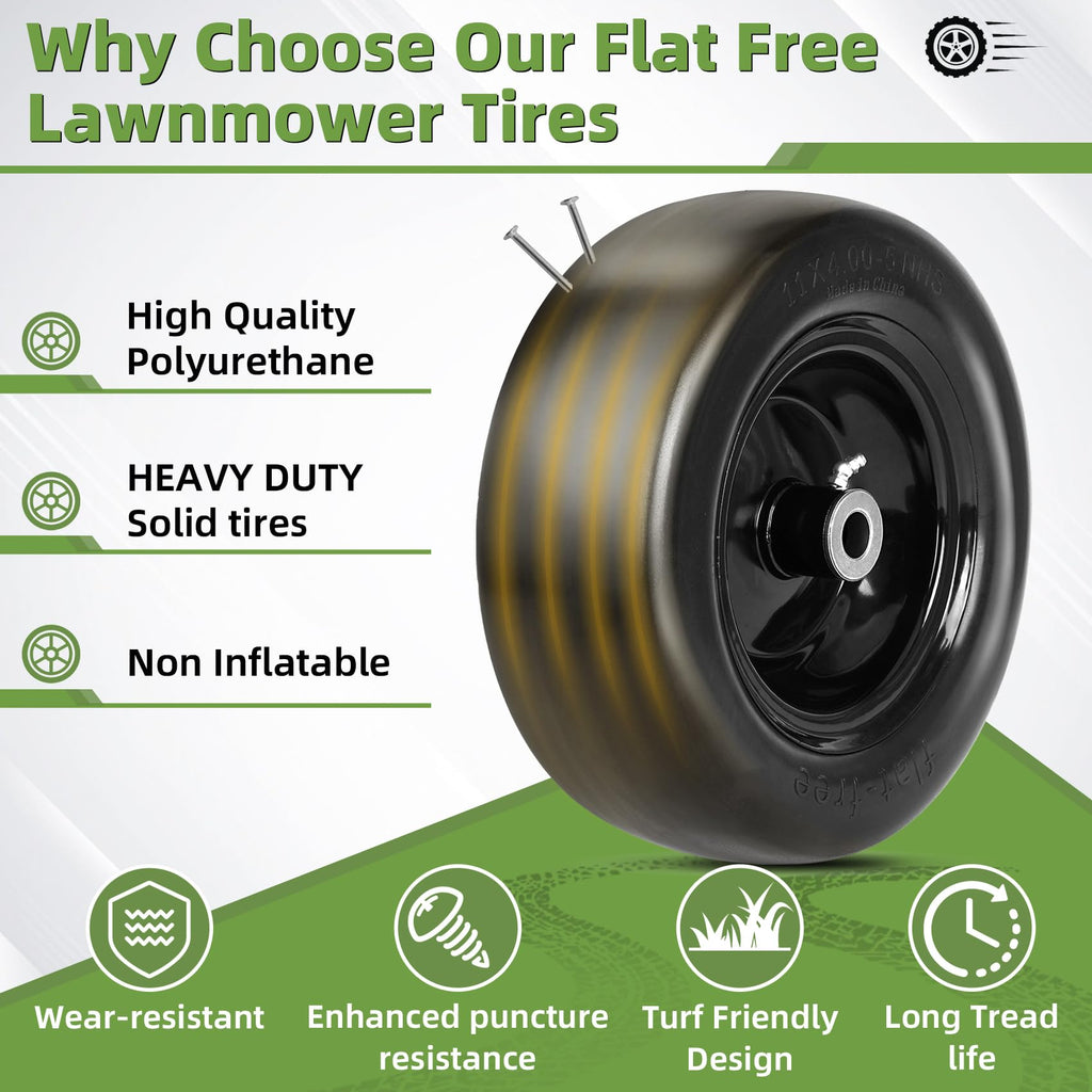2 PCS 11x4.00-5" Lawn Mower Tires Flat Free,3/4" 5/8" 1/2" Bushing,3.4"-4"-4.5"-5" Centered Hub,Universal Fit Smooth Tread Tire for Zero Turn Lawn Mowers, with Universal Adapter Kit(Blcak Rim)