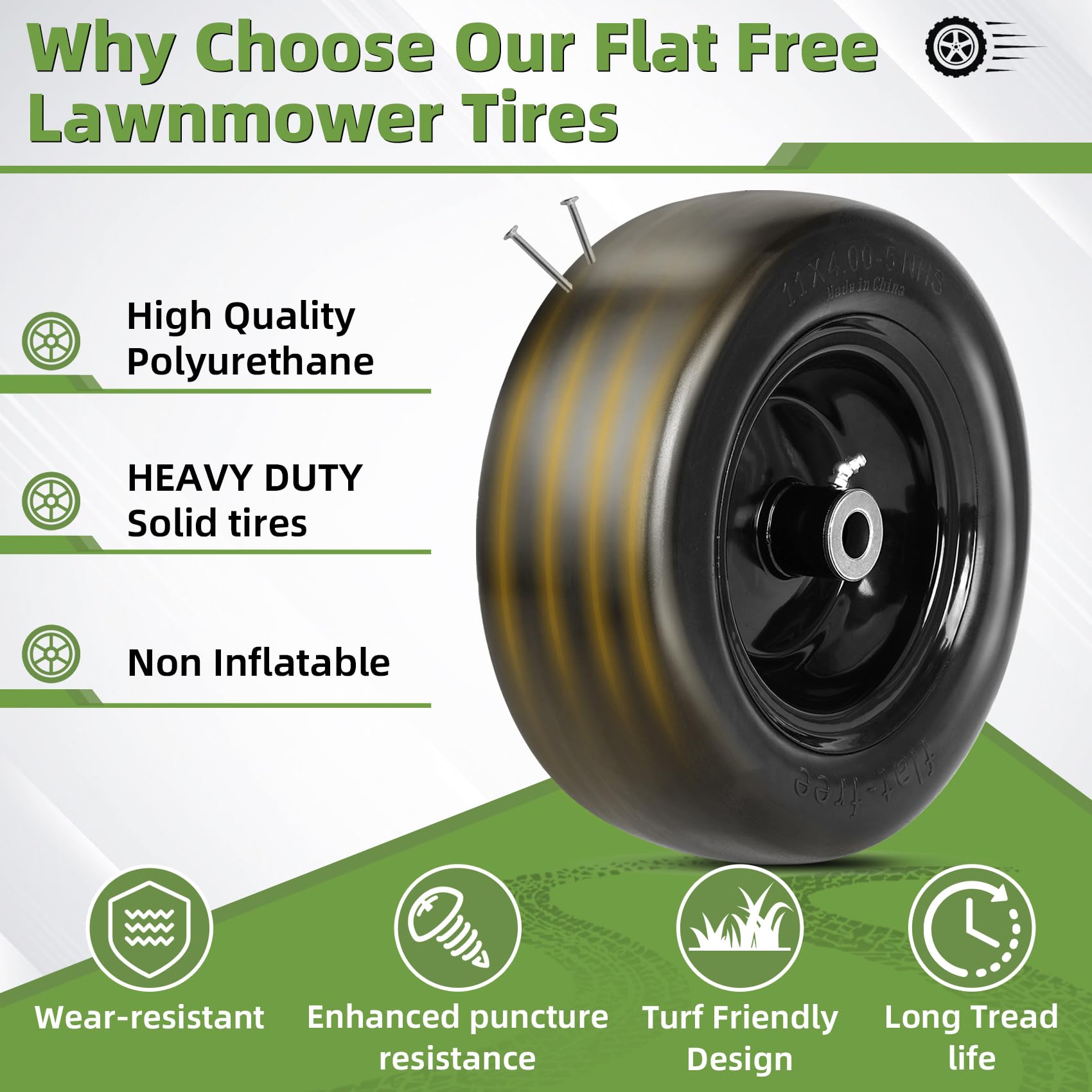 2 PCS 11x4.00-5" Lawn Mower Tires Flat Free,3/4" 5/8" 1/2" Bushing,3.4"-4"-4.5"-5" Centered Hub,Universal Fit Smooth Tread Tire for Zero Turn Lawn Mowers, with Universal Adapter Kit(Blcak Rim)