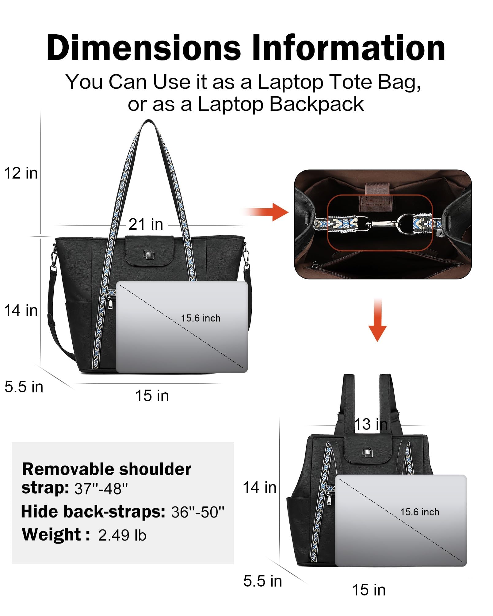 FADEON Large Laptop Tote Bag for Women Designer Leather Laptop Bag Fashion Travel Backpack Purse Shoulder Handbag