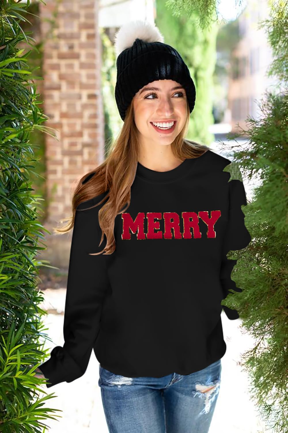 FASHGL Christmas Sequins Sweatshirts Women Merry Glitter Patch Crewneck Sweater Xmas Long Sleeve Pullover Top