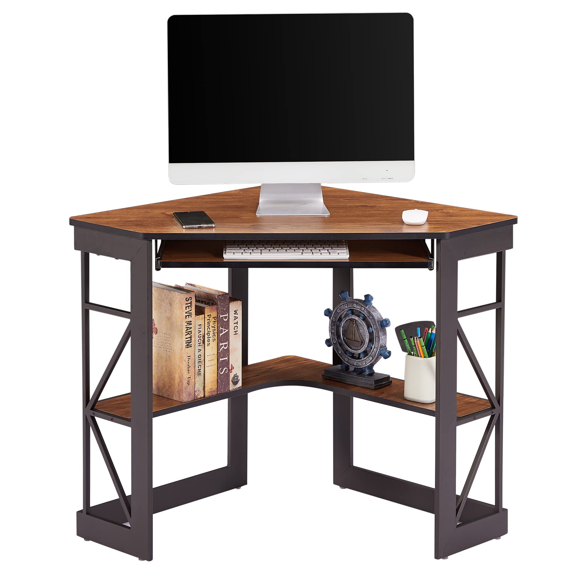 VECELO Corner Desk Computer Desk Writing Table with Smooth Keyboard Tray & Storage Shelves,Compact Home Office Triangle Table,Antique Brown
