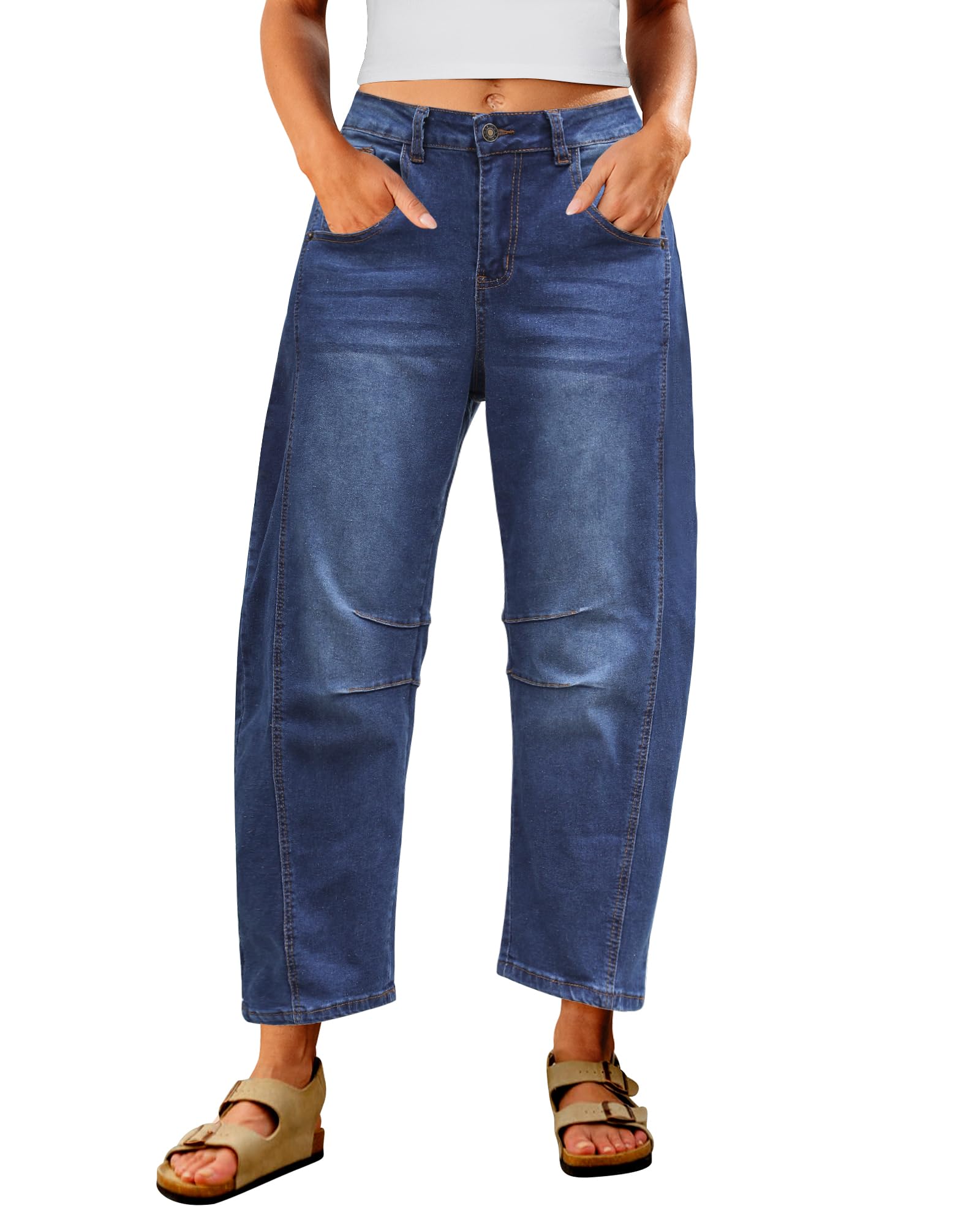 Utyful Barrel Jeans Women Cropped Baggy Trendy High Waisted Distressed Loose Stretch Denim Trouser Jeans with Pockets
