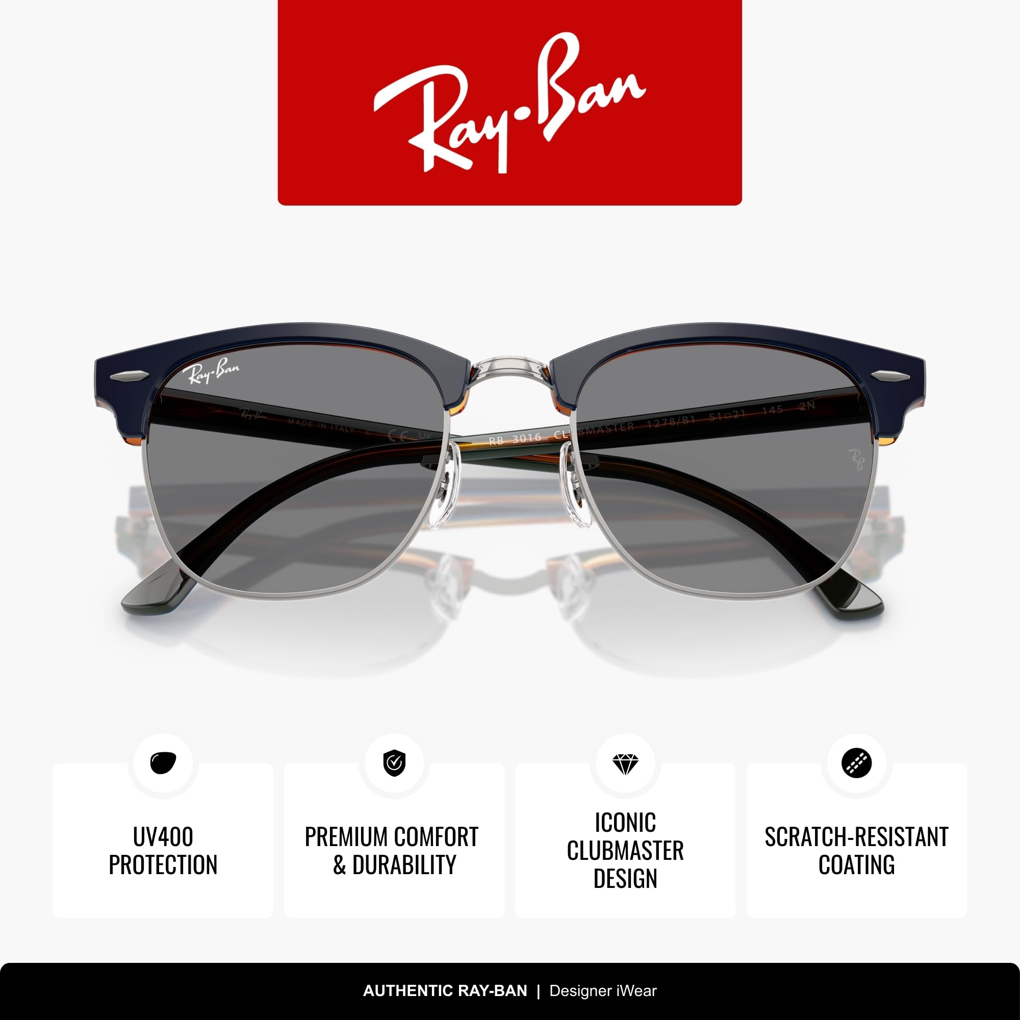 Ray-Ban RB3016 Clubmaster Classic Square Sunglasses for Men for Women