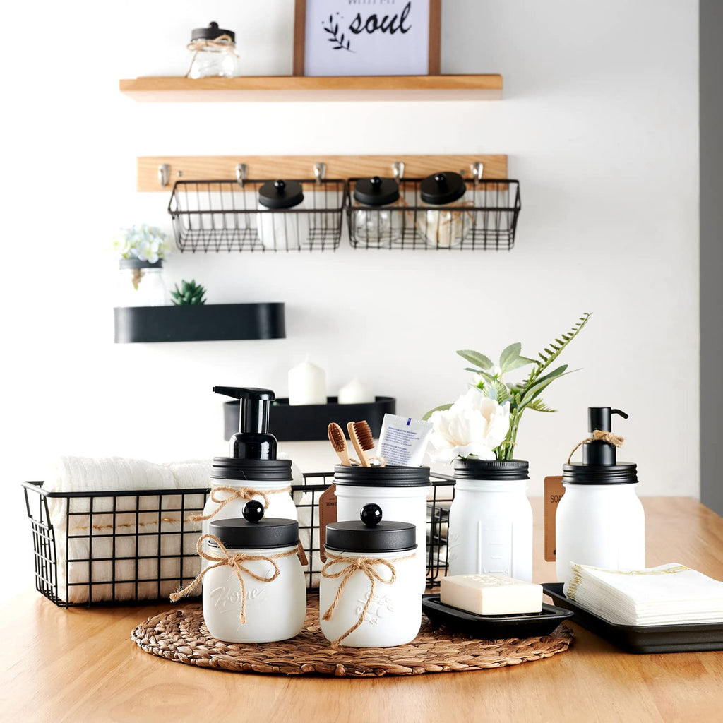 SheeChung 6Pcs Mason Jars Bathroom Accessories Set Complete - Toothbrush Holder, Lotion Soap Dispenser, 2 Mason Jars, Soap Dish, Toilet Paper Basket, Rustic Farmhouse Decor (Black, 6Pcs Bathroom Set)