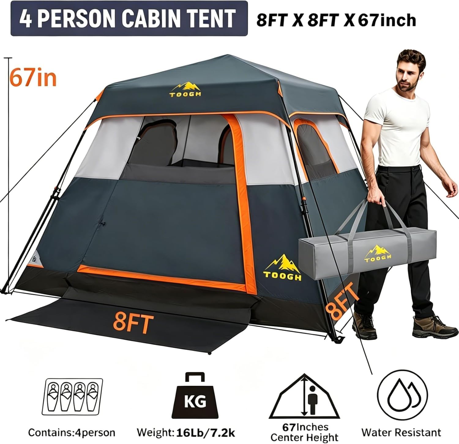 3/4 Person Camping Tent with 1 Door, 4 Windows, and Upgraded Ventilation– Instant Setup, Waterproof, 8'x 8'x 67''Oxford Fabric Floor Pop Up in 60 Seconds Includes Rainfly and Backpack