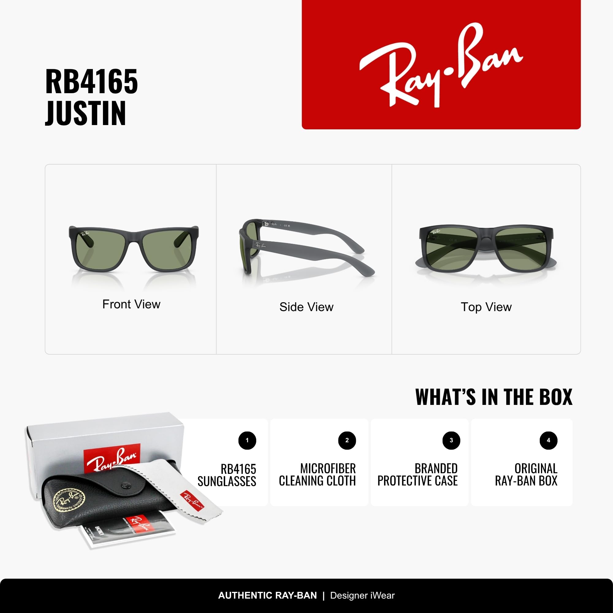 Ray-Ban RB4165F Justin Classic Square Sunglasses for Men