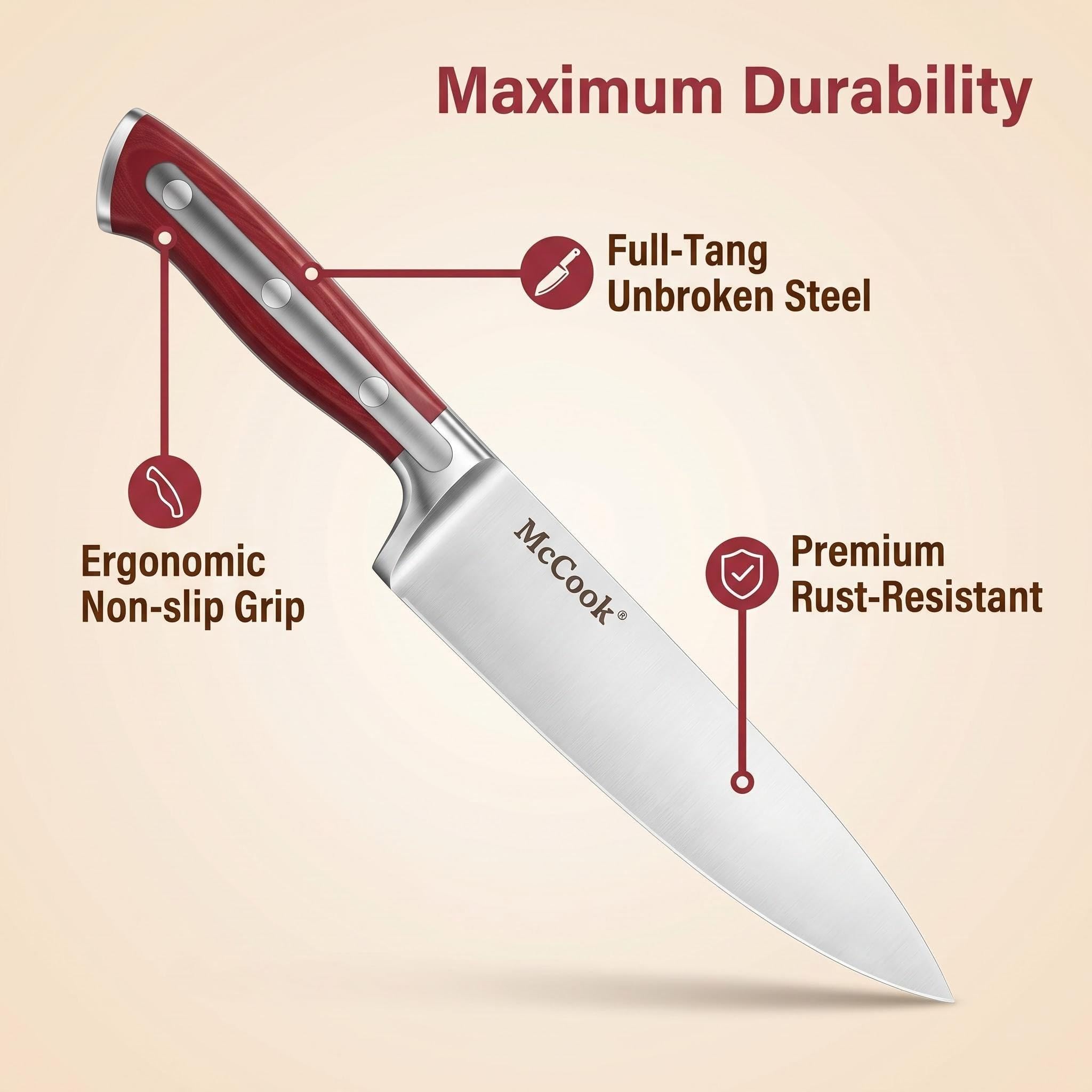 McCook® Knife Sets,German Stainless Steel Kitchen Knife Block Set with Built-in Sharpener, 20-Piece Razor-Sharp Kitchen Knives, Forged Triple Rivet,Full Tang,Ergonomic Handle,Elegant Box for Gift