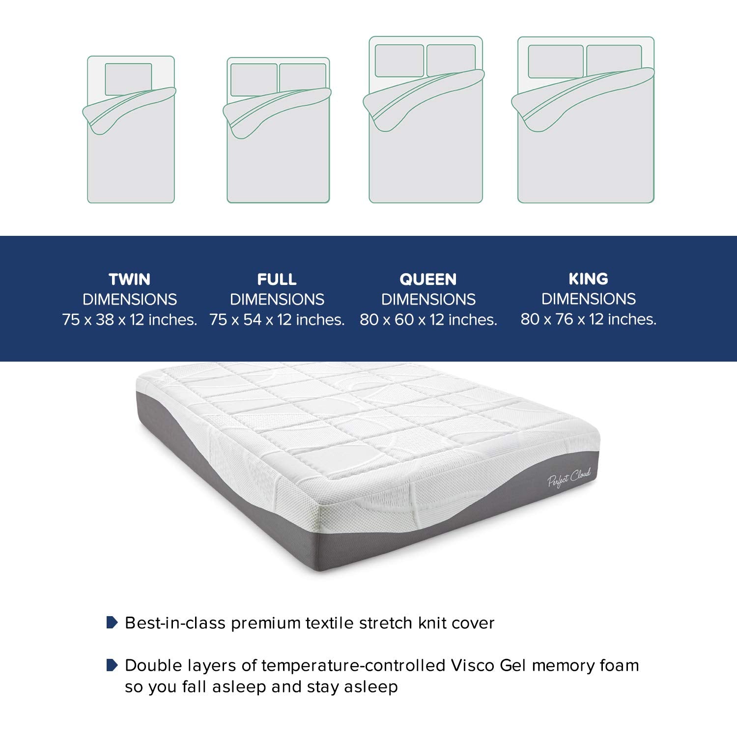 Perfect Cloud UltraPlush Full Mattress - 10 Inch Cooling Gel Memory Foam, Charcoal-Infused, Pressure Relief, Motion Isolation, Bed in a Box, Made in USA