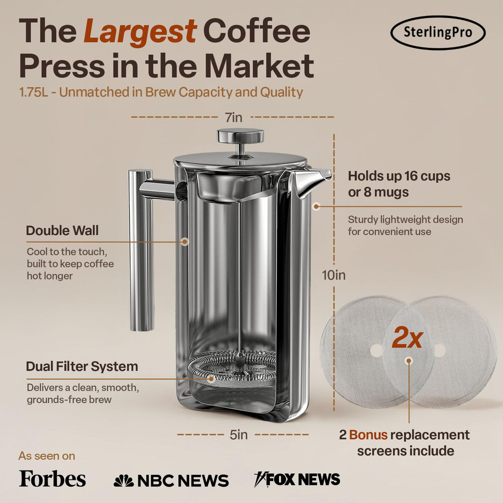 SterlingPro Stainless Steel French Press Coffee Maker 1 L (34 oz) Black – Double Walled Insulated Large Coffee Press, Durable Design Keeps Drinks Hot, Easy to Use and Clean for Rich Flavor Brewing