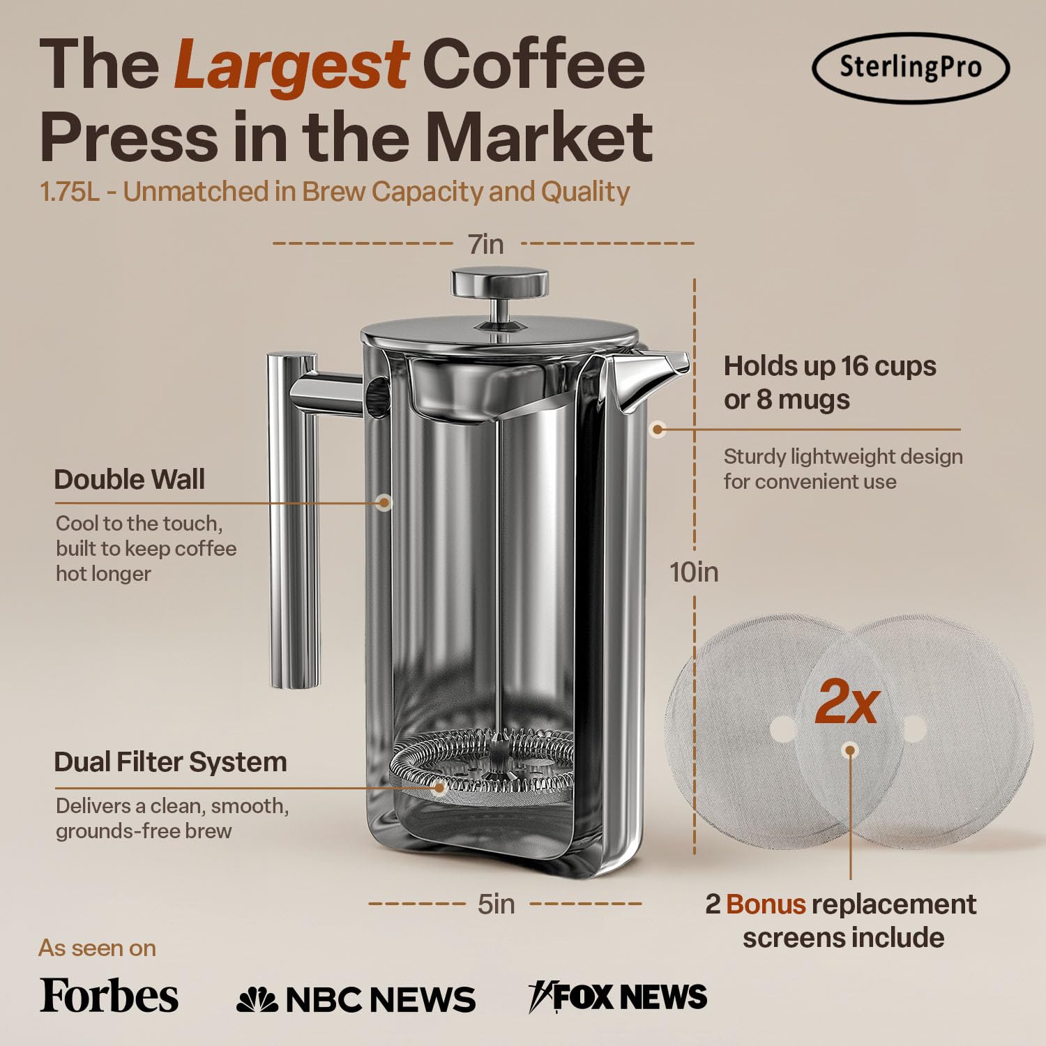 SterlingPro Stainless Steel French Press Coffee Maker 1 L (34 oz) Black – Double Walled Insulated Large Coffee Press, Durable Design Keeps Drinks Hot, Easy to Use and Clean for Rich Flavor Brewing