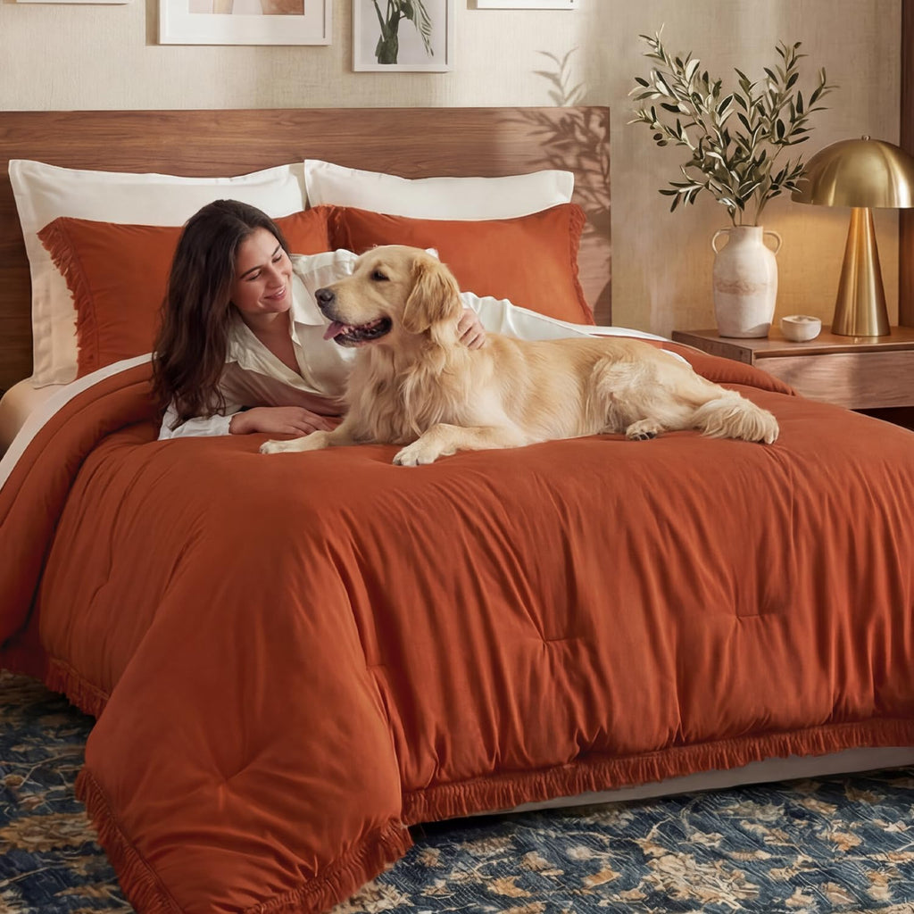 Andency Comforter Full Size Set Burnt Orange, 3 Pieces Boho Terracotta Winter Lightweight Bedding Comforter Sets, All Season Rust Tassel Bed Set (79x90In Comforter & 2 Pillowcases)