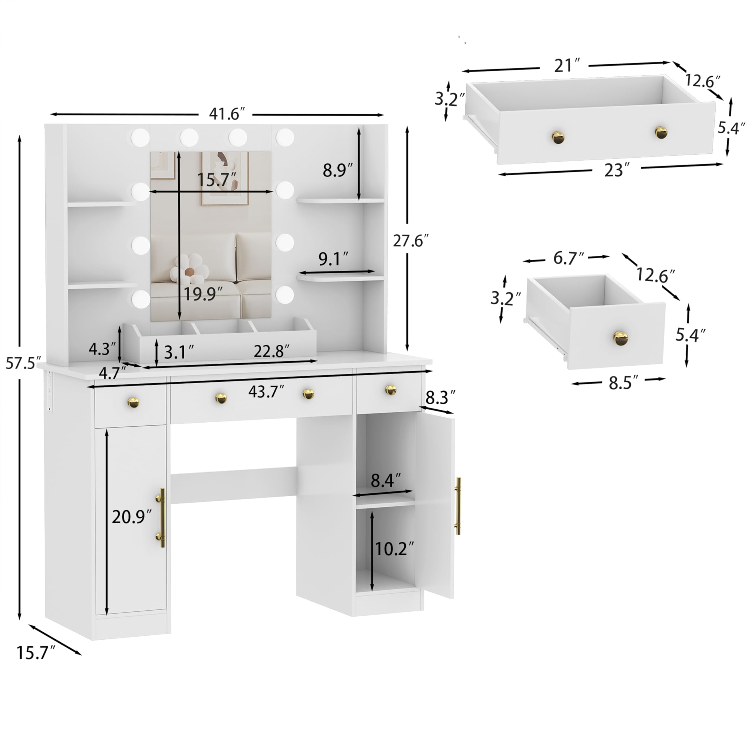 HUANLEGO Vanity Desk with Mirror and Lights, Makeup Vanity with Mirror and LED Lights & Power Outlet, 3 Drawers and Cabinets, 3 Lighting Modes Dressing Table Set for Girls Women Bedroom,Oak