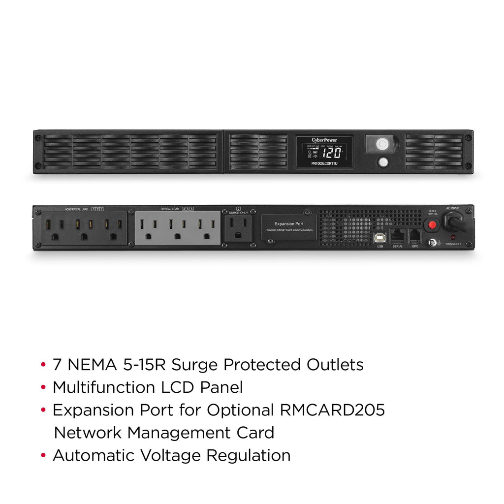 CyberPower PR500LCDRT1U Smart App Sinewave UPS Battery Backup and Surge Protector, 500VA/400W, 7 Outlets, AVR, 1U Rack/Tower, UL Certified