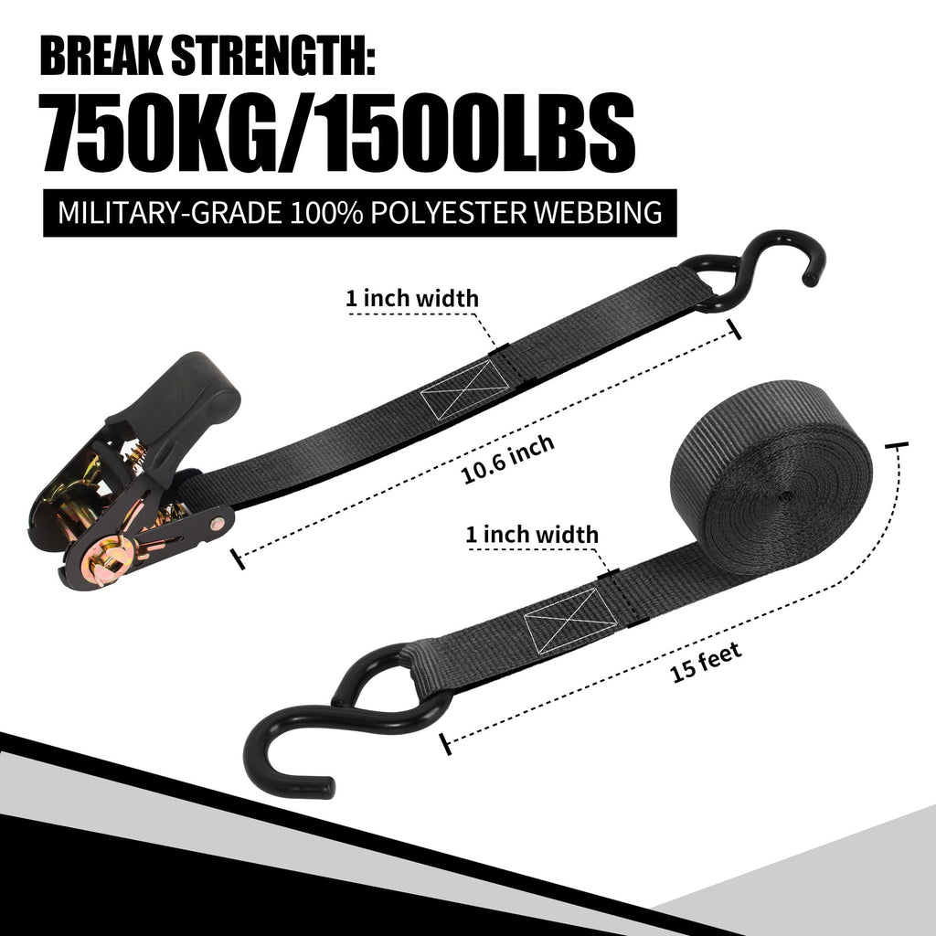 Cartman Ratchet Tie Down, 4Pk 15Ft, 500Lbs Load Cap/ 1500Lbs Break Strength, Cargo Straps for Moving Appliances, Lawn Equipment, Motorcycle in a Truck, with Carry Bag