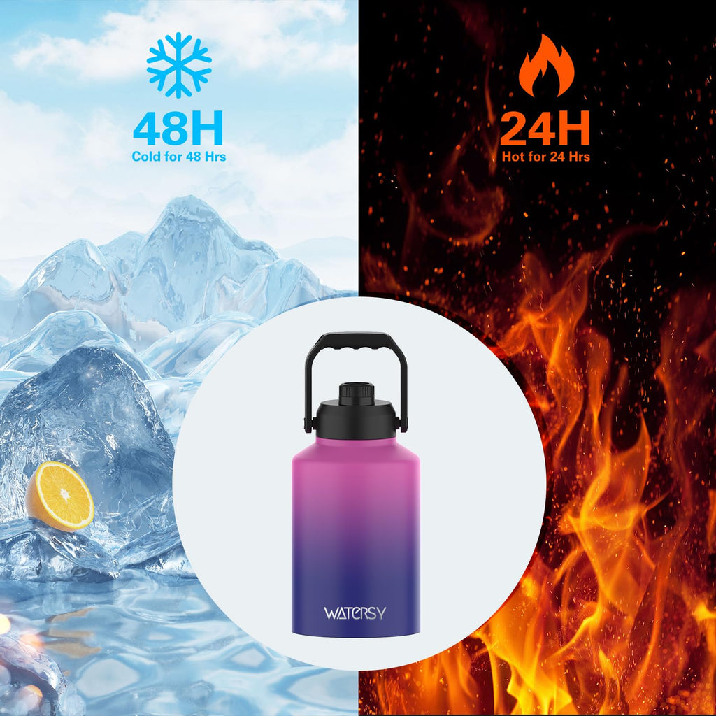 WATERSY Half Gallon Water Bottle Insulated(Cold for 48 Hrs),BPA Free&Leak Proof,64oz Stainless Steel Water Jug/Flask,Big thermo,Large Water Bottle with Handle for Gym,Hiking,Camping,Black